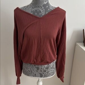 Express Maroon V-Neck Long Sleeve Top
